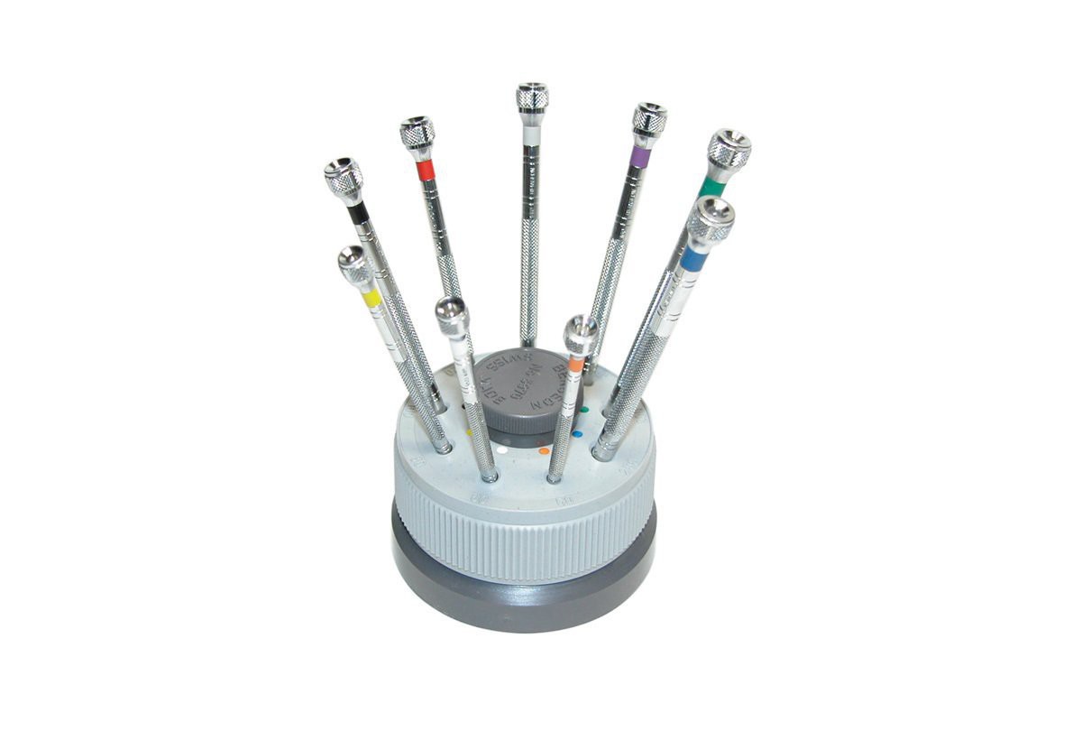 Set of 9 screwdrivers on revolving stand